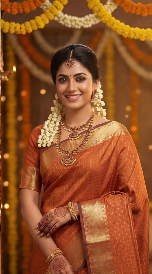 Banarasi Soft Silk Saree - Rust Orange