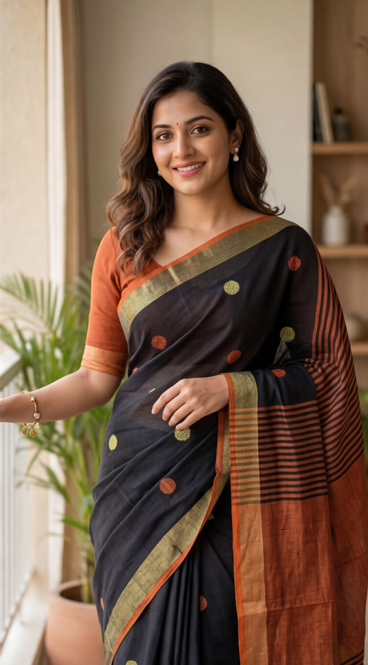 Khadi Balls Saree - Black with Orange