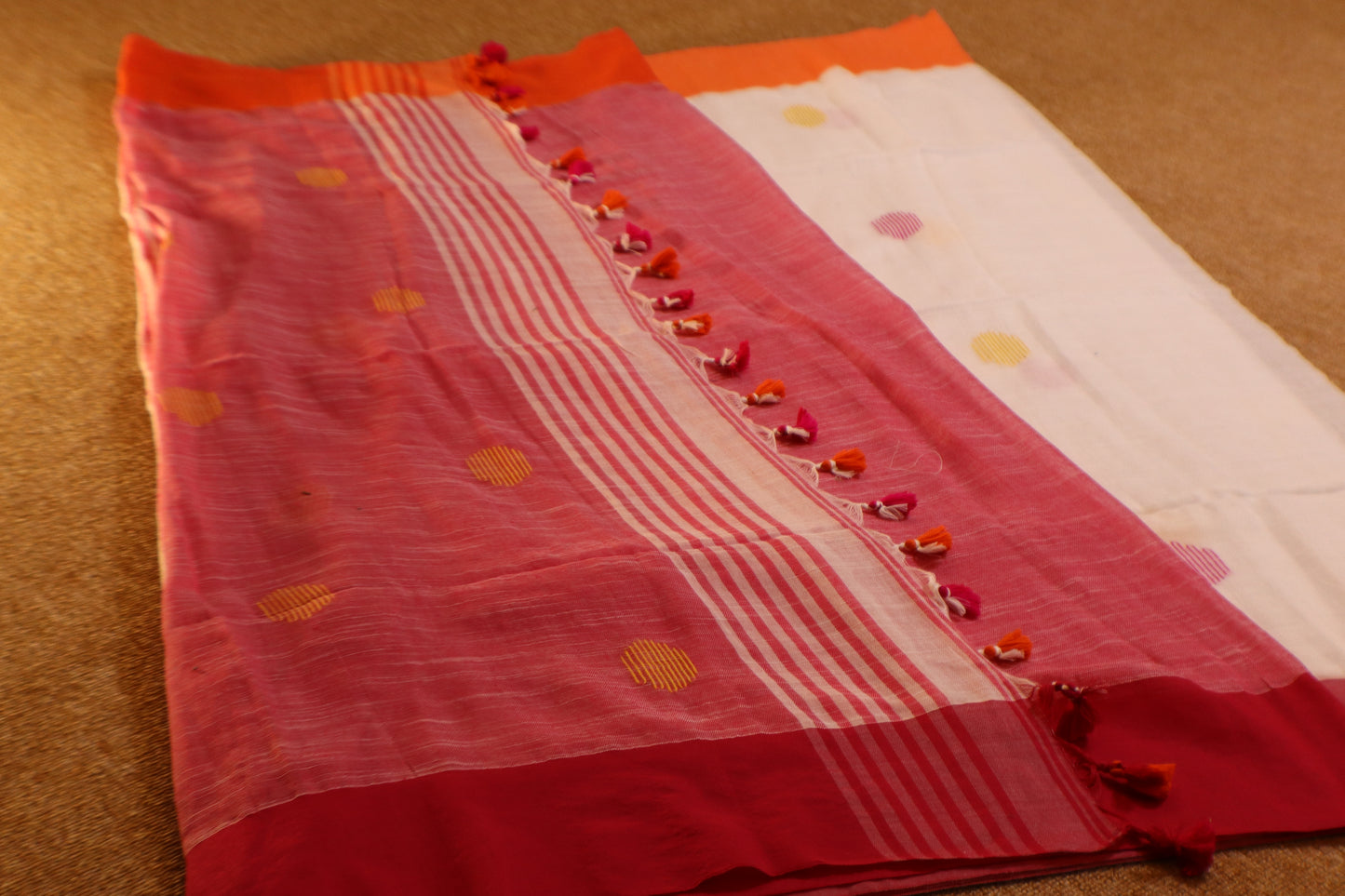 Khadi Balls Saree - White with Orange