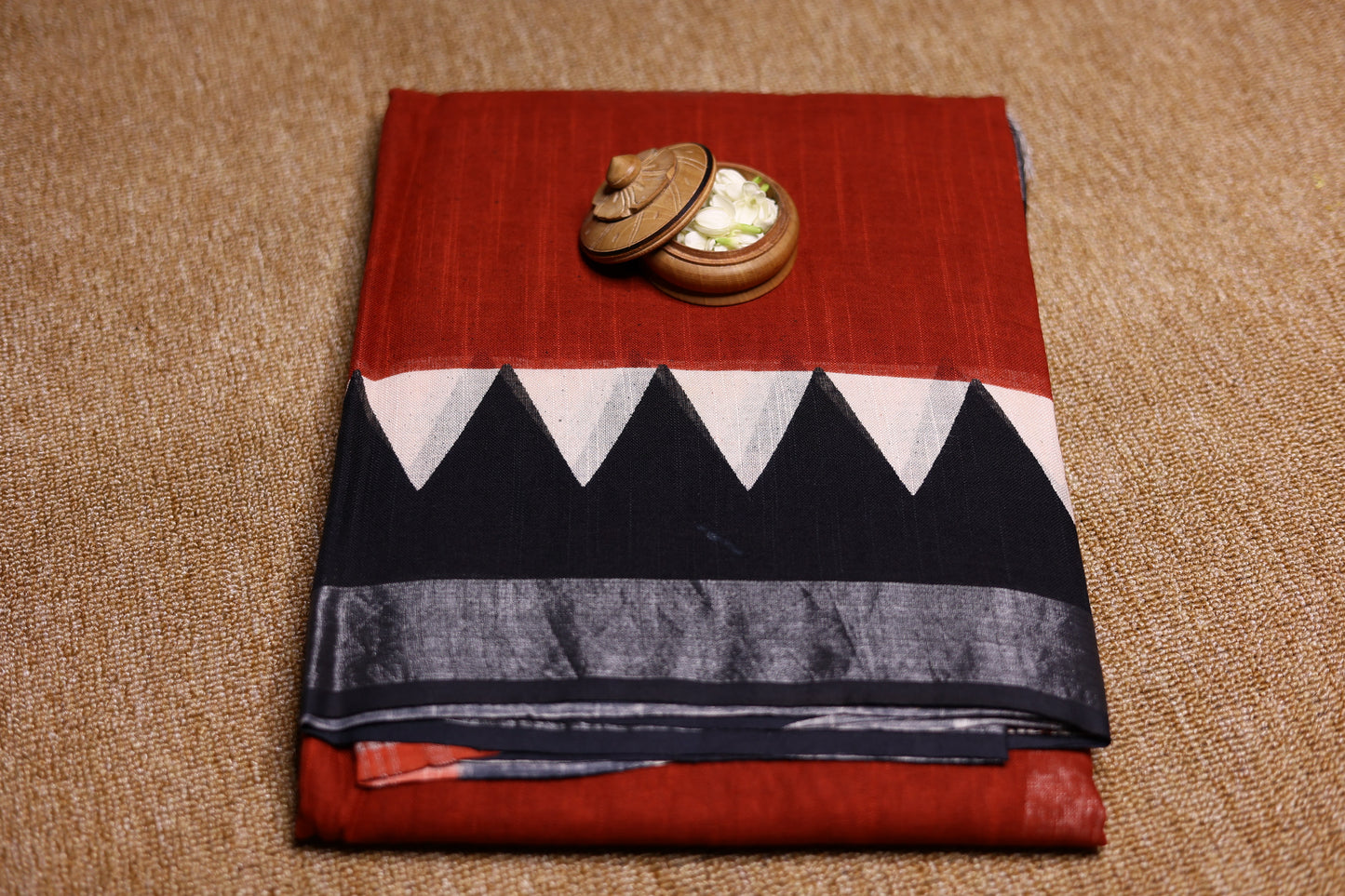 Linen Cotton Saree - Rust Red, Black and Ivory with Contemporary Geometric Design