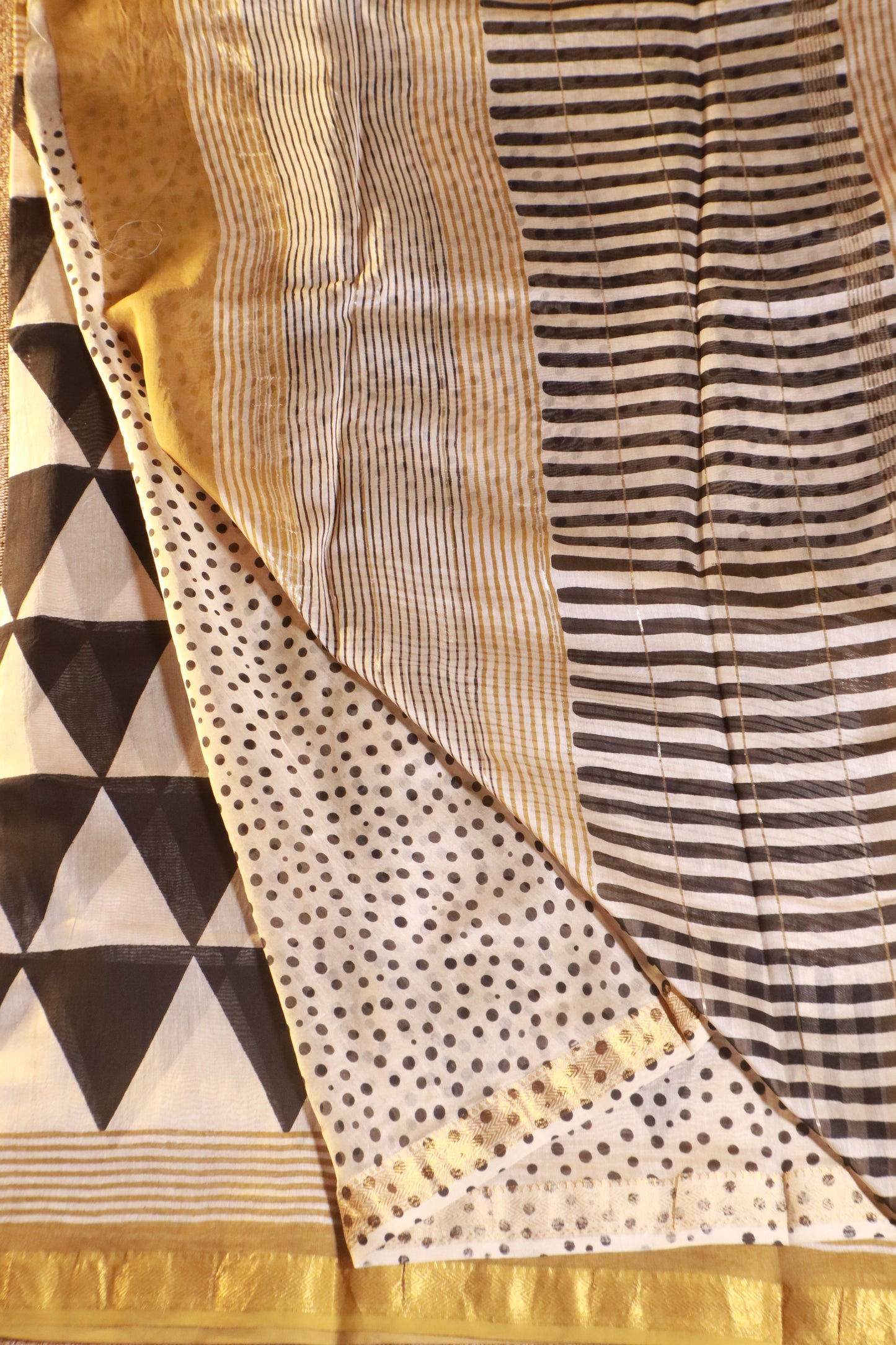 Maheshwari Silk Saree - Ivory with Black and Mustard Border
