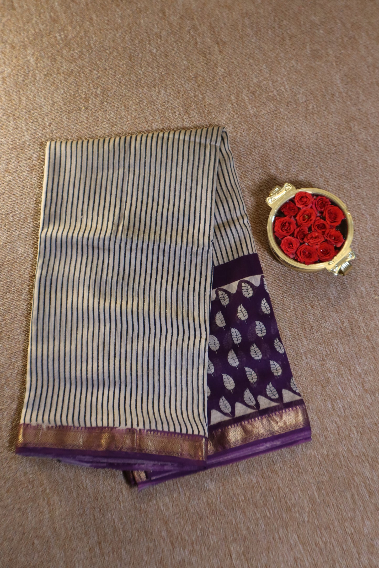 Maheshwari Silk Saree - Off-White Stripes with Lavender