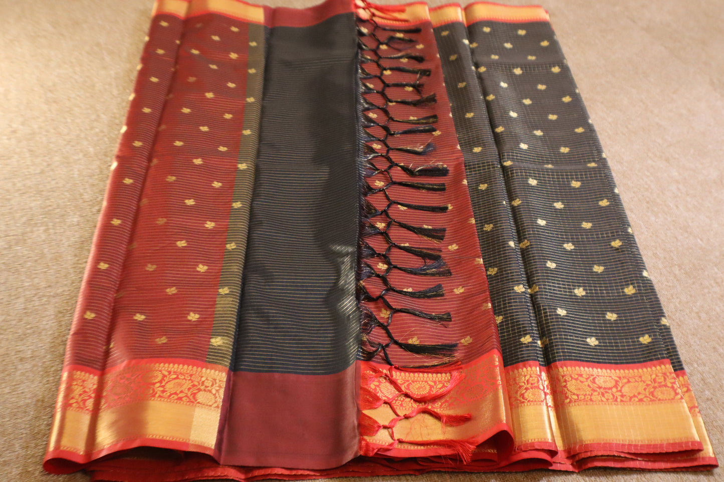 Semi Gadwal Saree - Black with Red Border