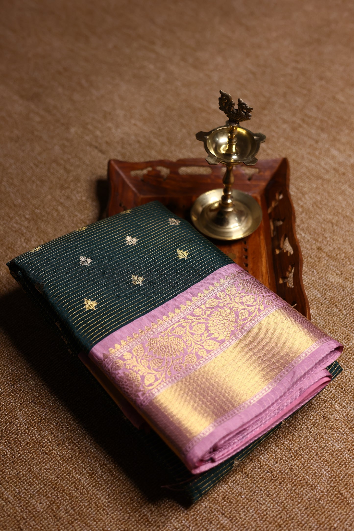 Semi Ghadwal Saree - Dark Green with Pink Border