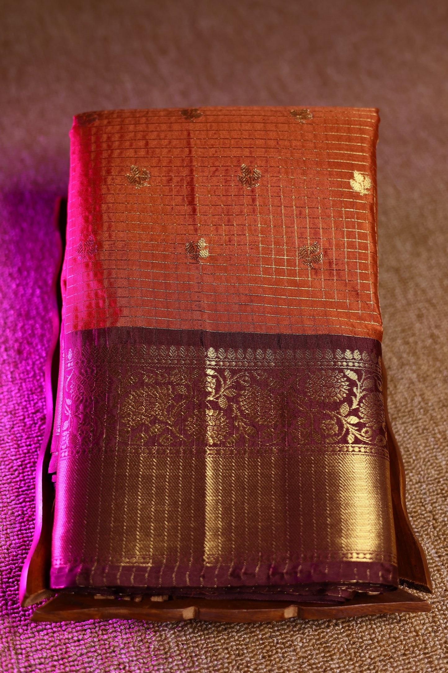 Semi Ghadwal Saree - Vintage Orange with Maroon Border