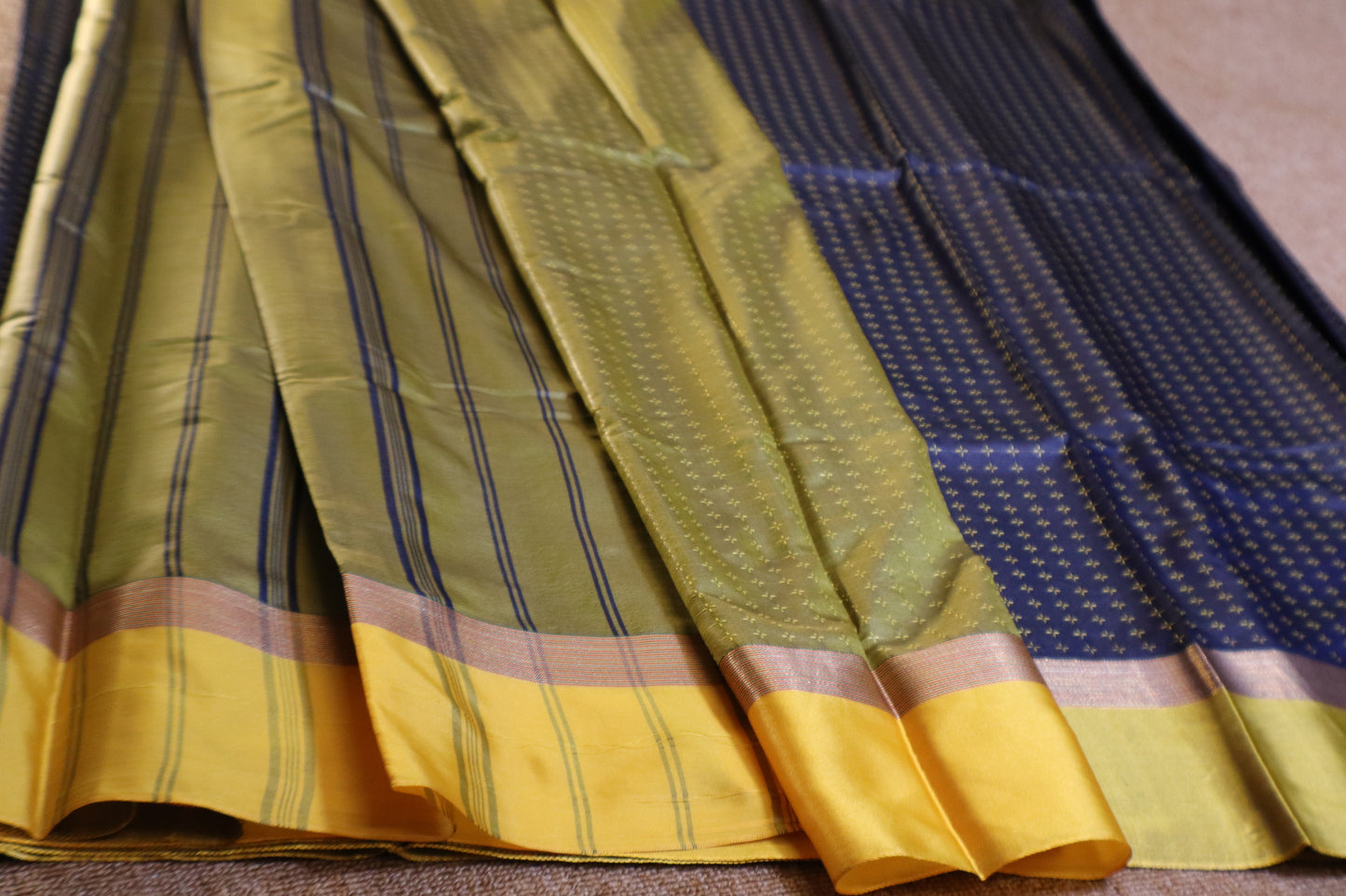 Soft Silk Saree - Dark Blue with Green