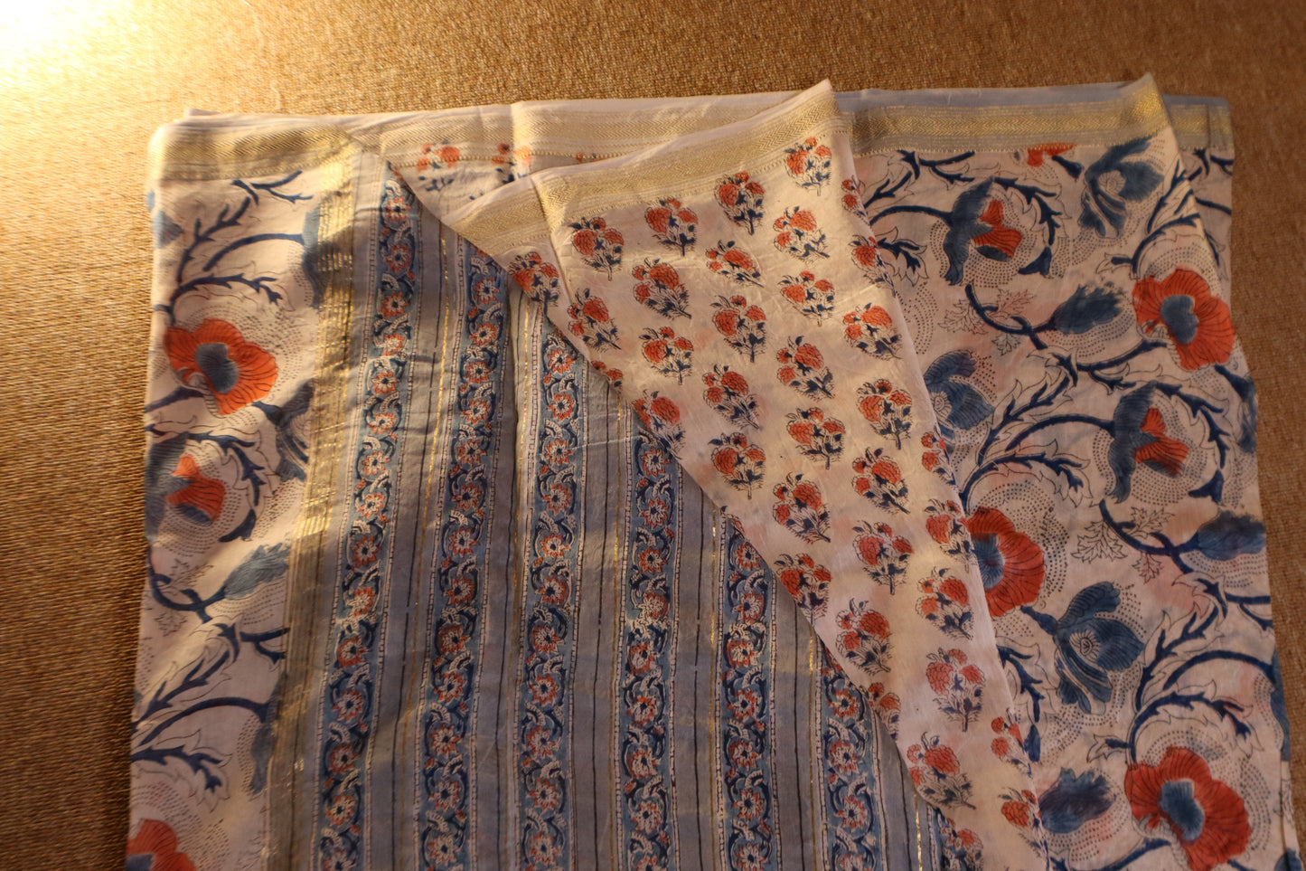 Maheshwari Silk Saree - White with Blue Floral