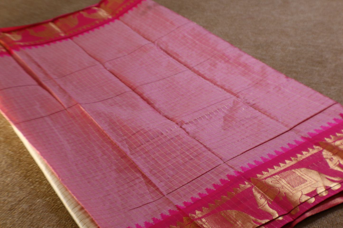 Silk Checked Saree - White with Pink