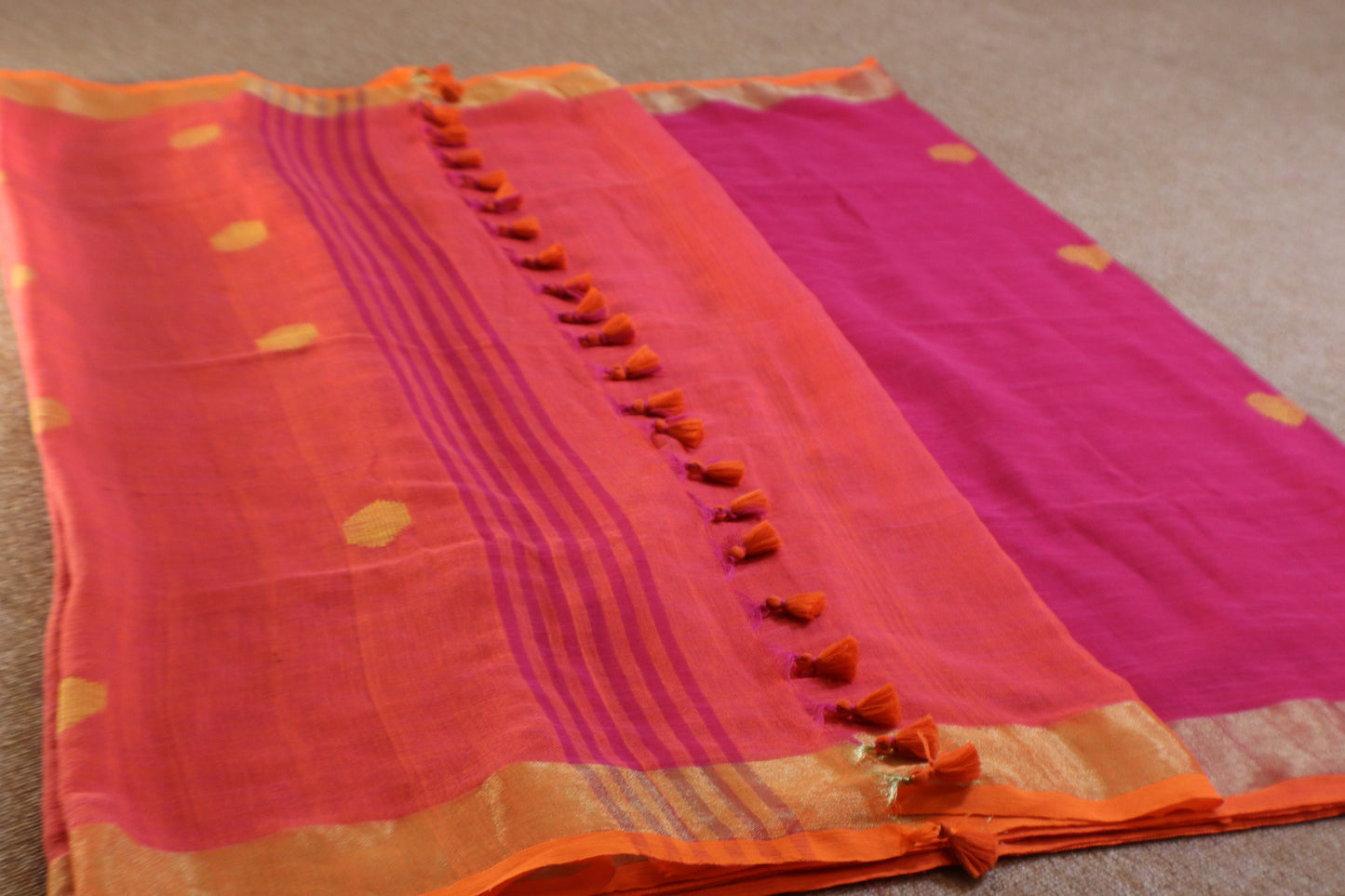 Khadi Balls Saree - Pink with Orange
