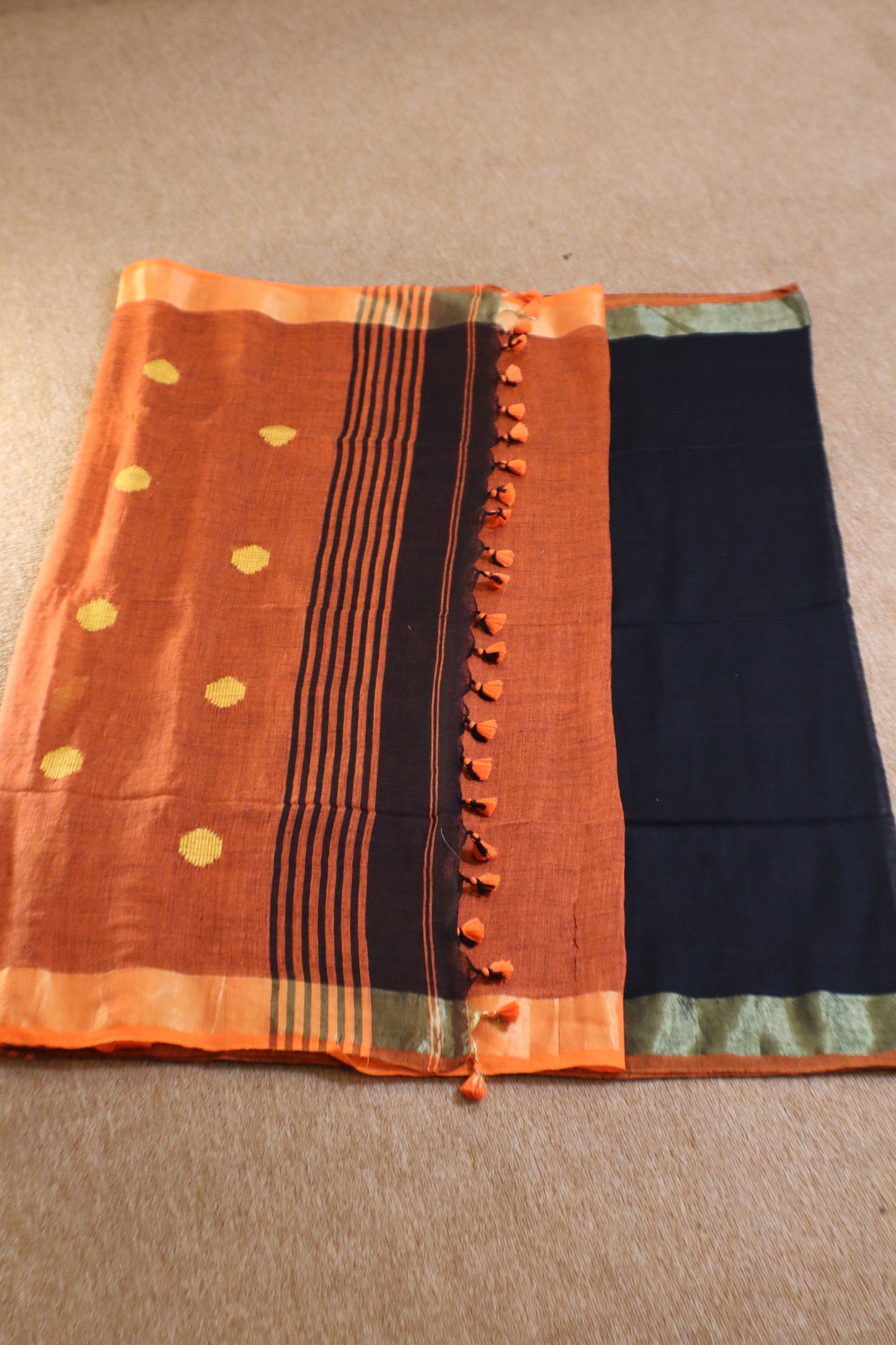 Khadi Balls Saree - Black with Orange