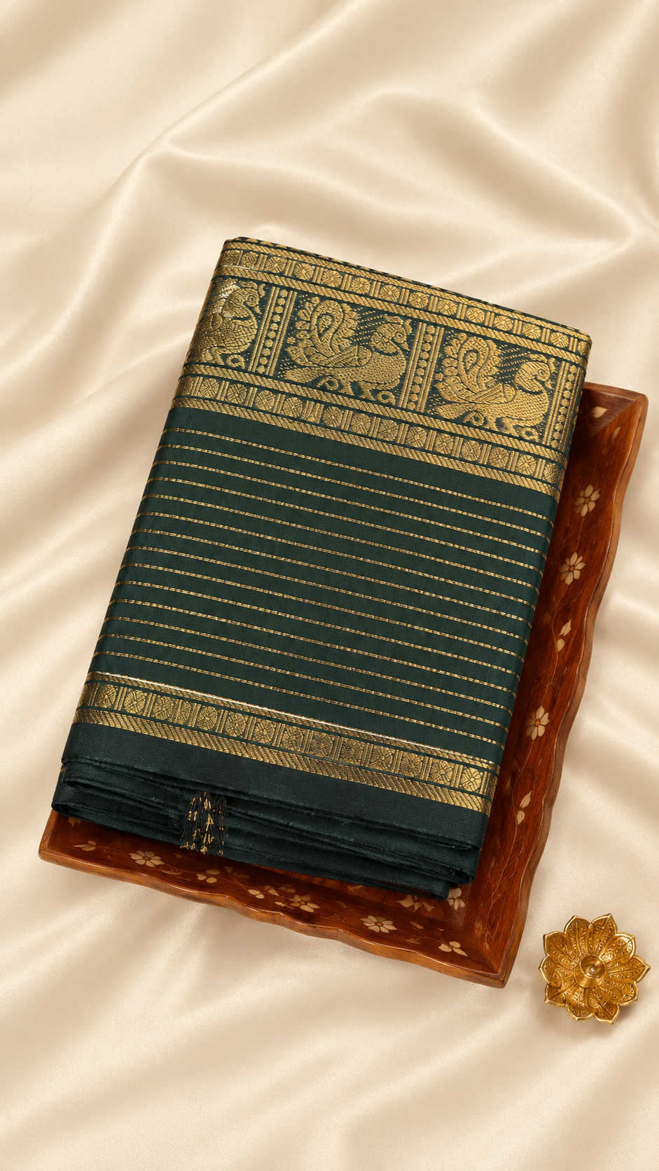 Traditional Kanchi Cotton - Deep Teal Green with Gold Zari Striped Body - TKCEQ059