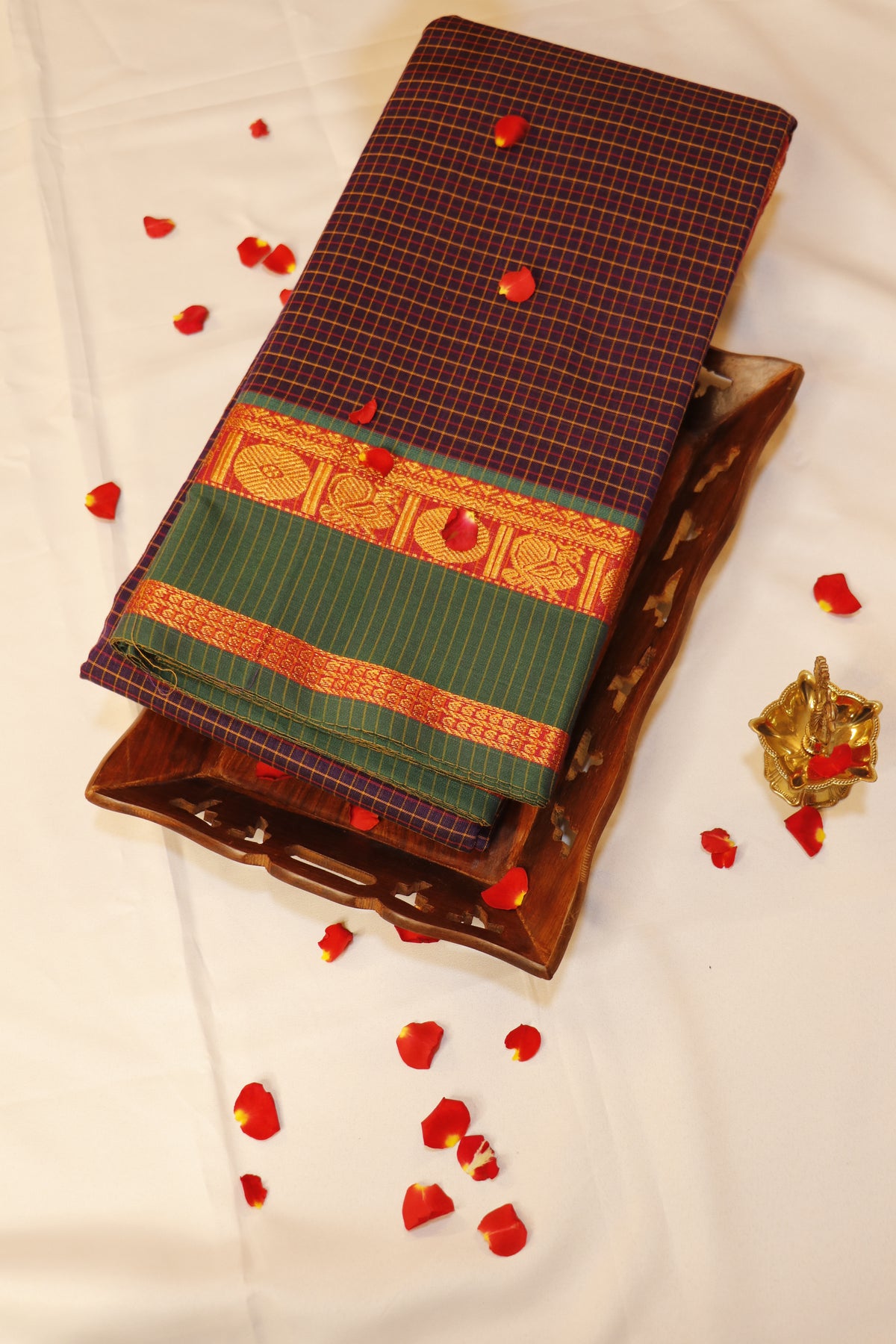 Narayanpet Saree - Deep Indigo Blue with Bottle Green & Crimson Red - NPEQ023