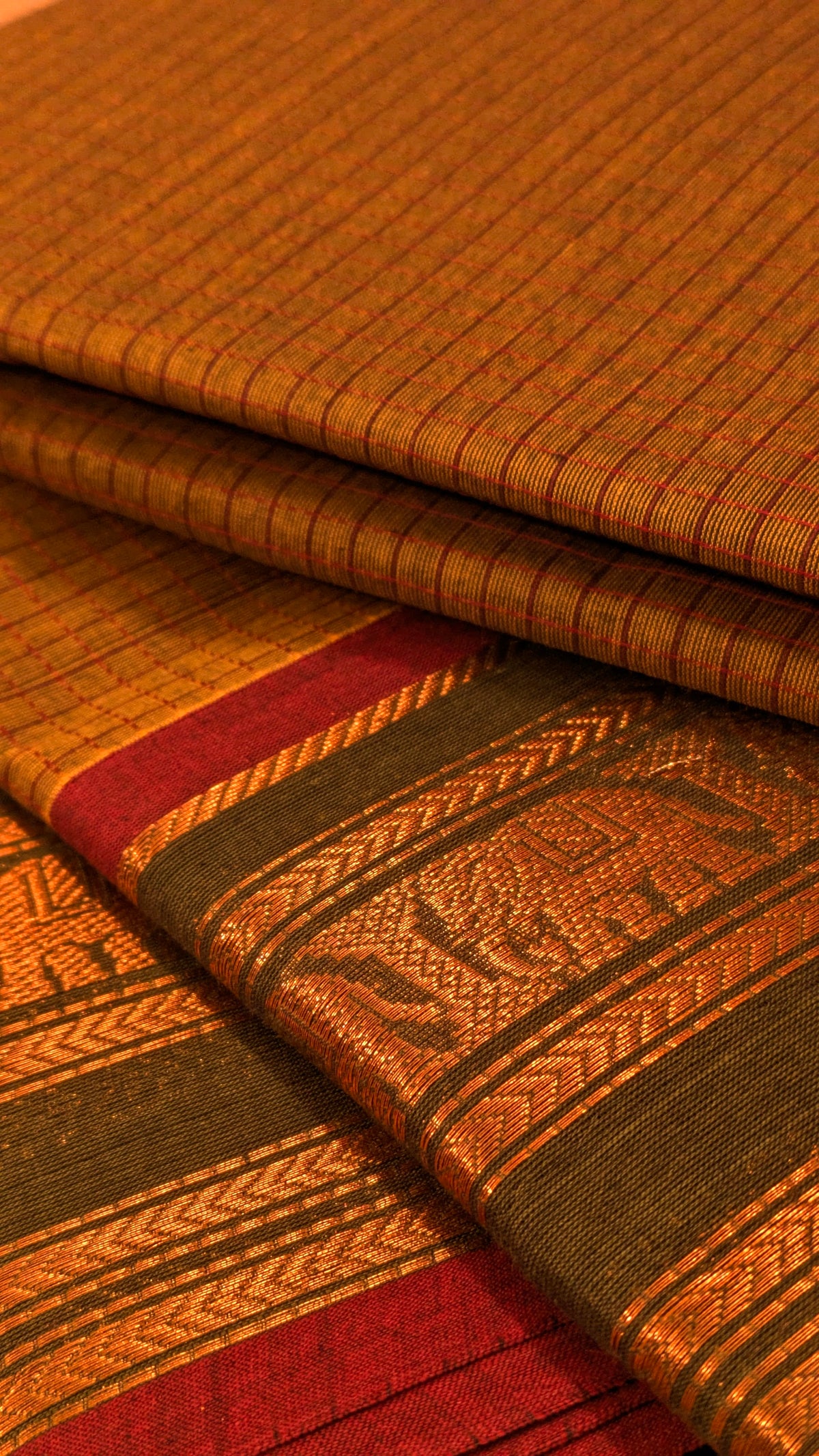 Traditional Kanchi Cotton - Honey Brown with Olive Green and Rani Pink - TKCEQ011