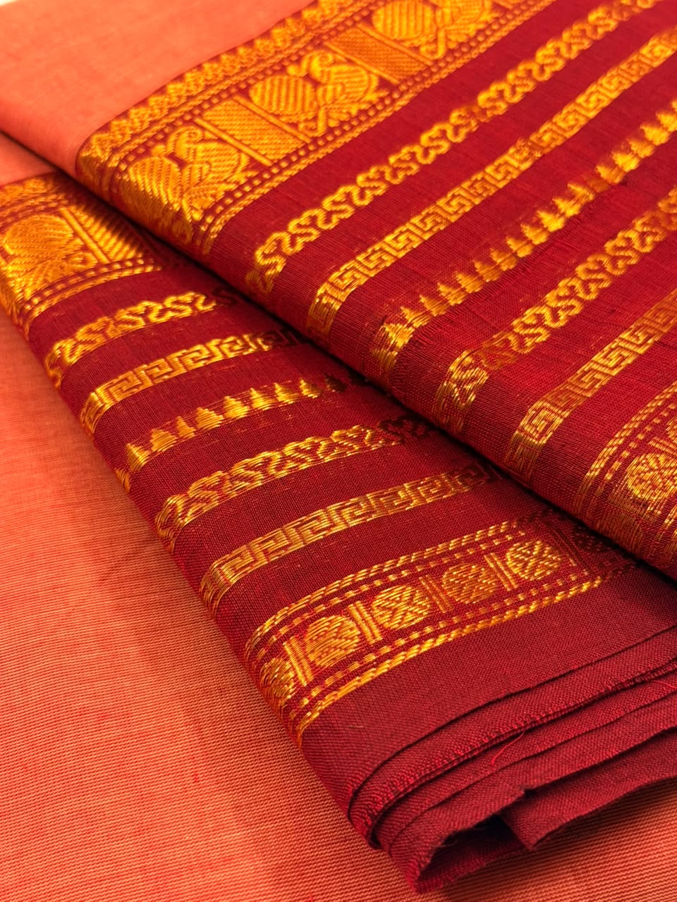 Traditional Kanchi Cotton - Vibrant Peach Orange with Deep Maroon - TKCEQ019