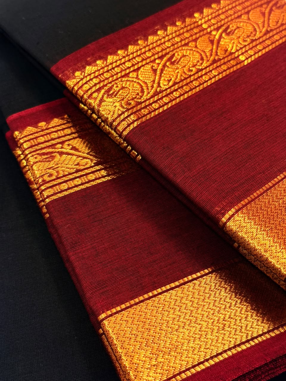 Traditional Kanchi Cotton - Jet Black with Deep Maroon - TKCEQ023