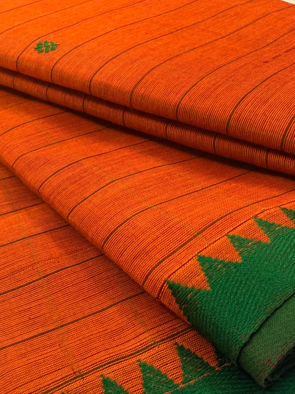 Traditional Kanchi Cotton - Bright Carrot Orange with Bottle Green - TKCEQ026