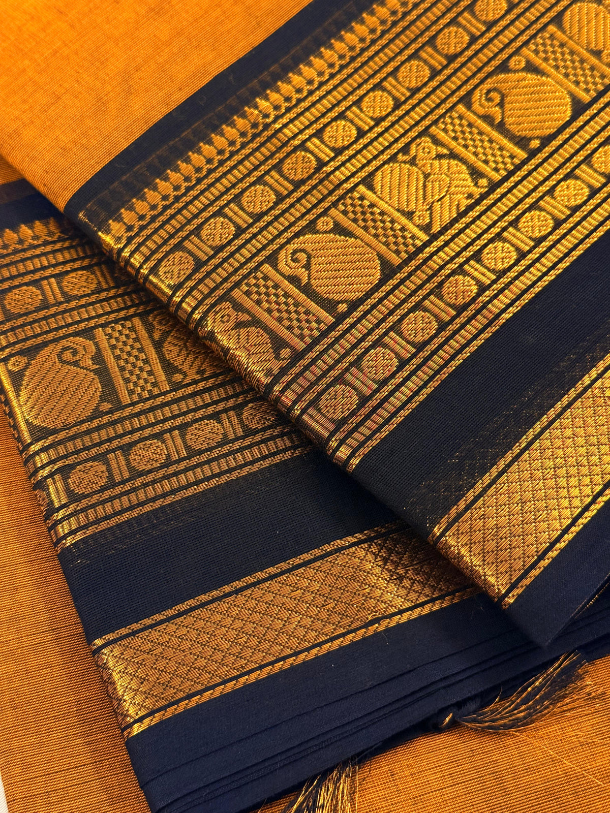 Traditional Kanchi Cotton - Bright Mustard Yellow with Black & Gold Zari - TKCEQ033