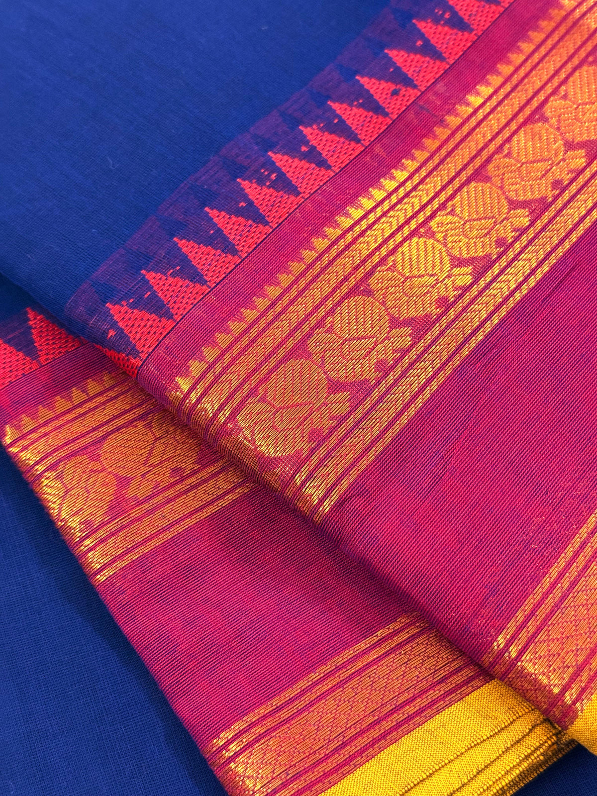 Traditional Kanchi Cotton - Royal Blue with Rani Pink & Gold Zari - TKCEQ034