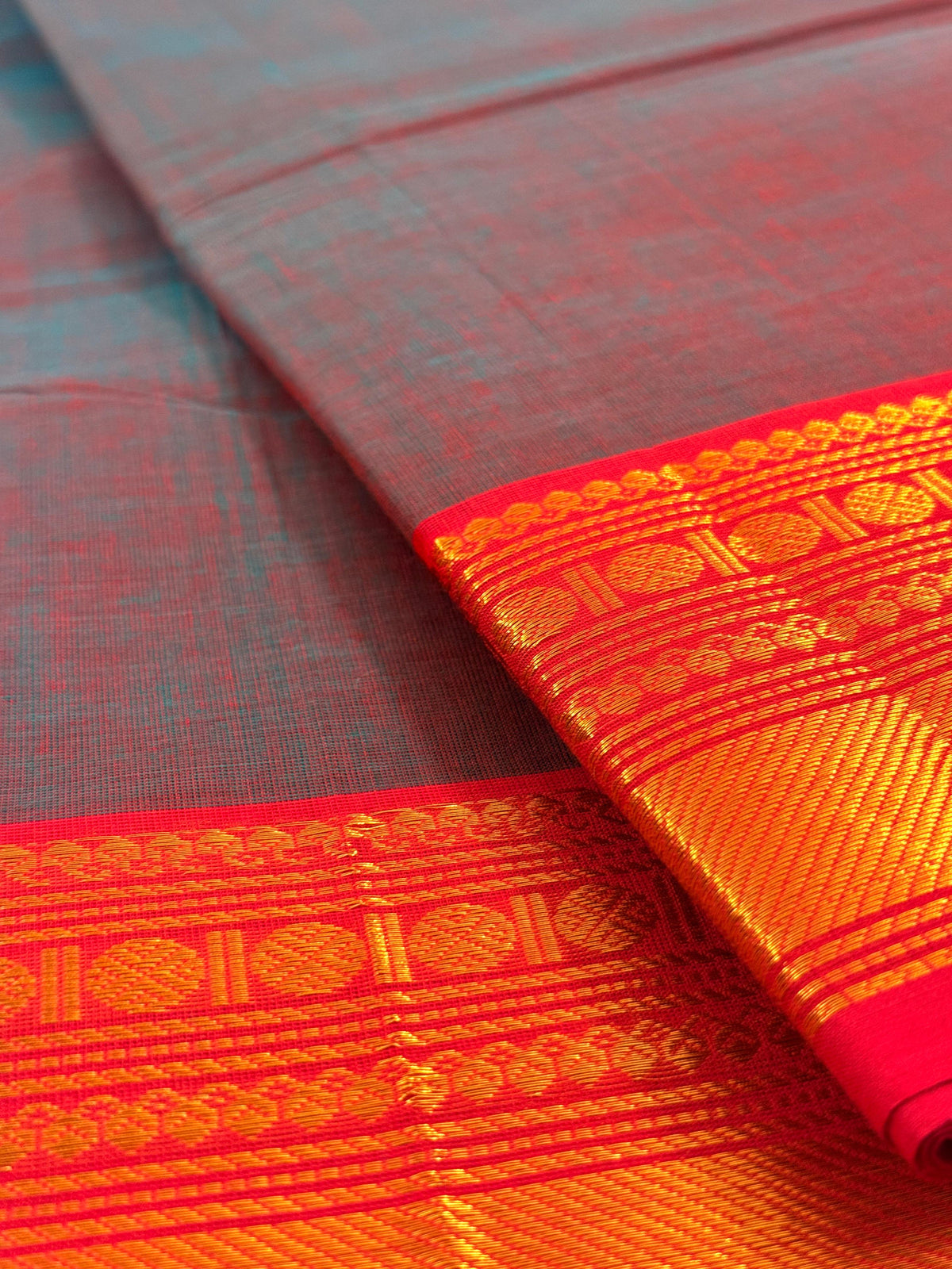 Traditional Kanchi Cotton - Ash Green Dual Tone with Strawberry Pink & Gold Zari - TKCEQ037