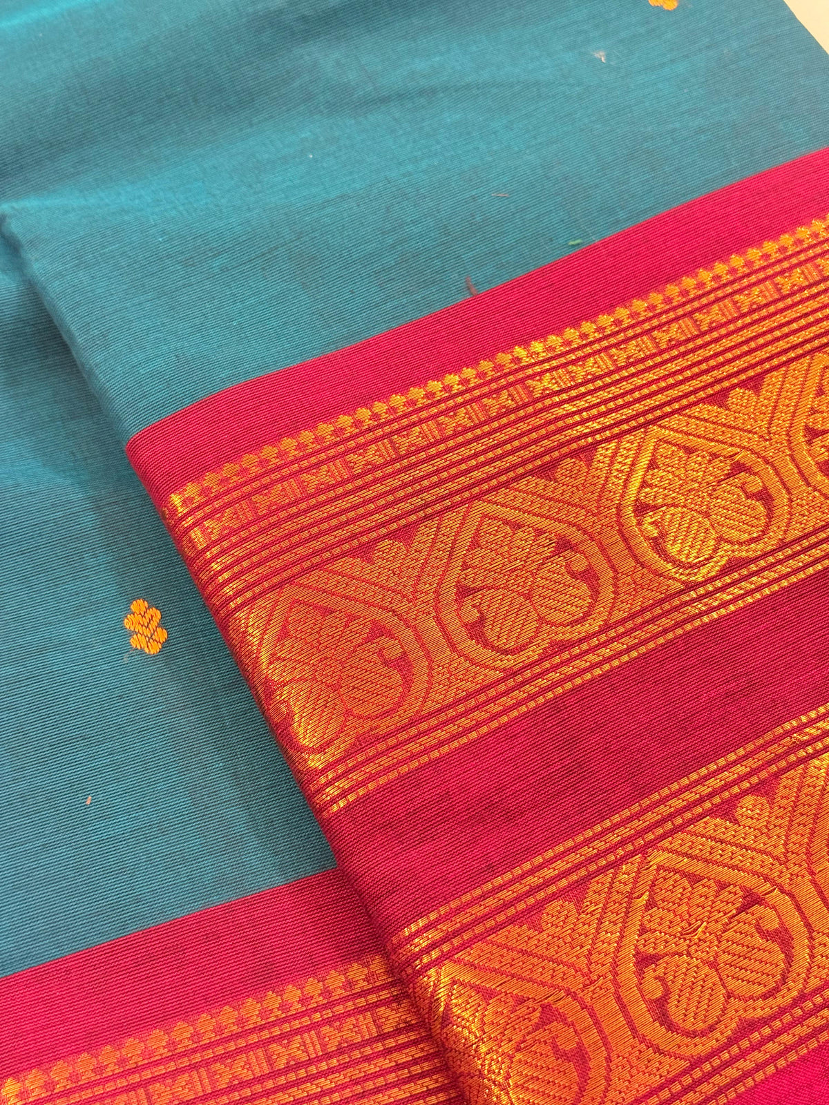 Traditional Kanchi Cotton - Teal Blue with Magenta Pink & Gold Zari - TKCEQ038