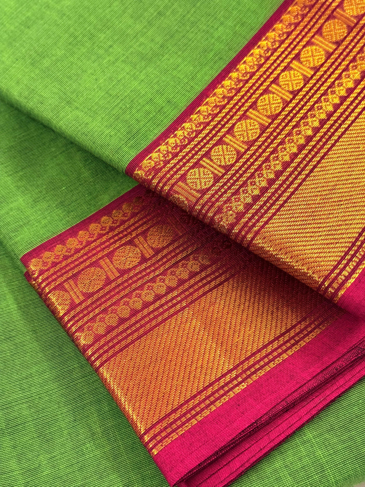 Traditional Kanchi Cotton - Neon Green with Magenta Pink & Gold Zari - TKCEQ042