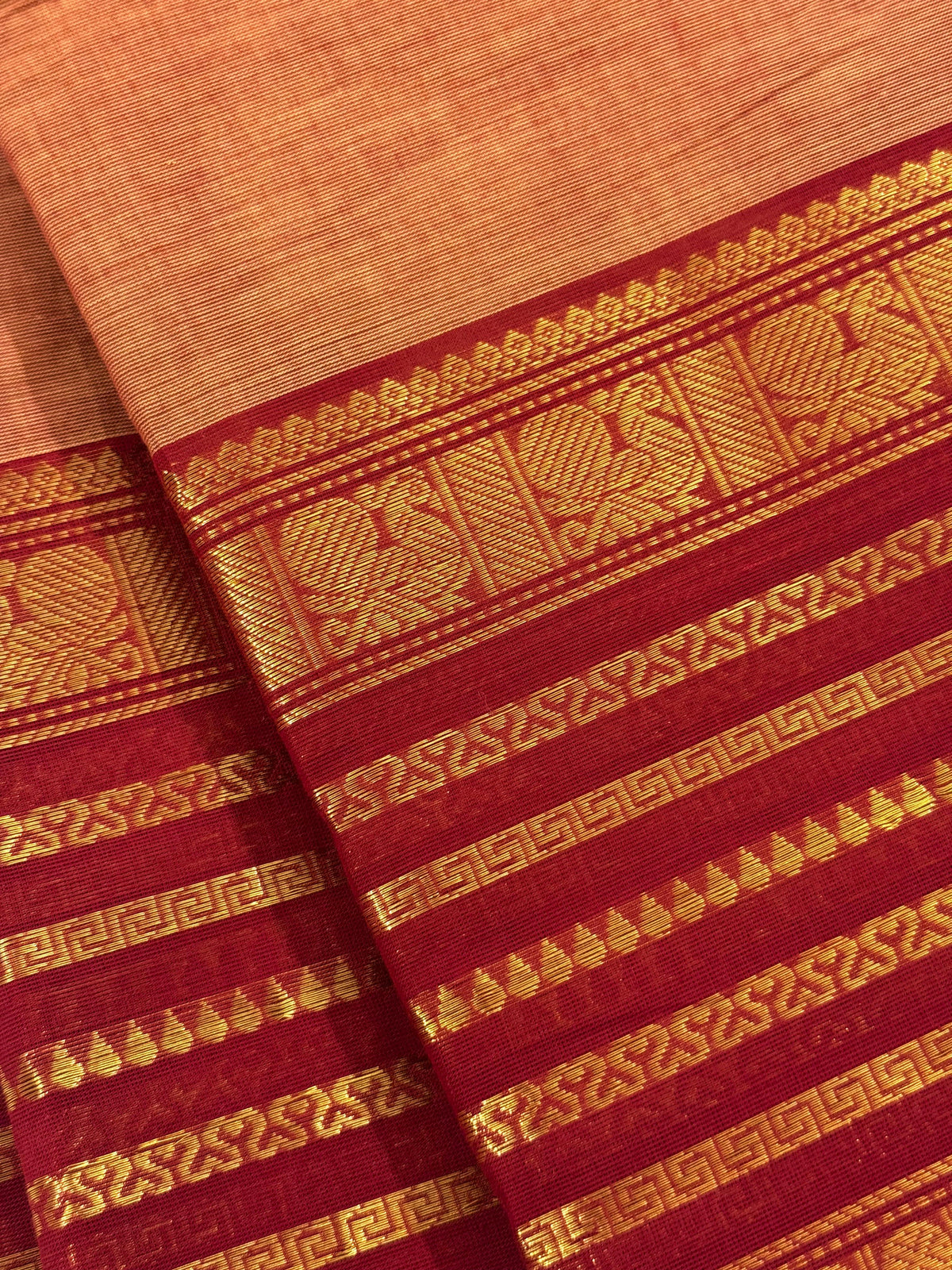 Traditional Kanchi Cotton - Warm Peach with Deep Crimson Pink & Gold Zari - TKCEQ044
