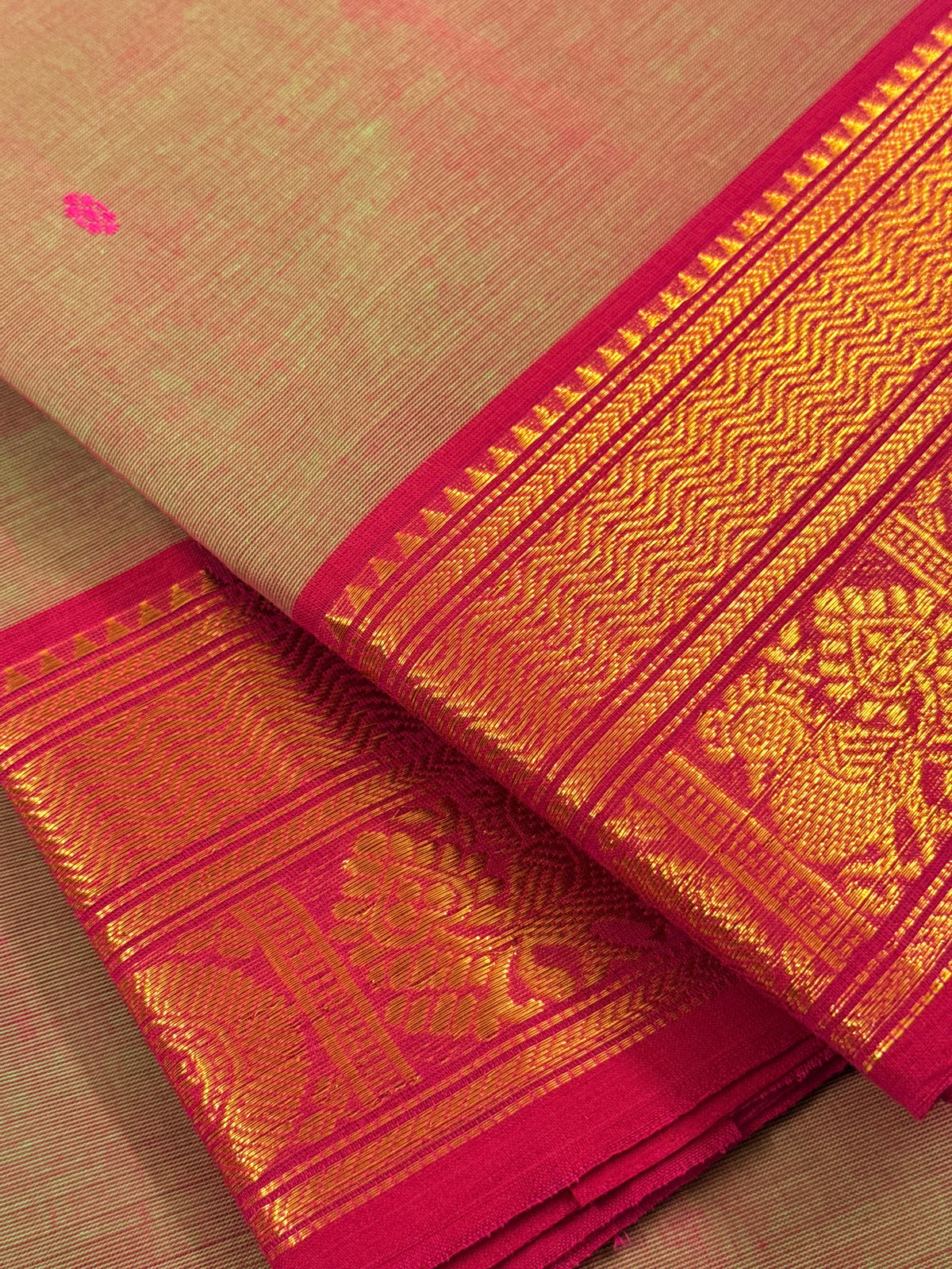Traditional Kanchi Cotton - Light Sage Green Shot-Tone with Rani Pink & Gold Zari - TKCEQ051