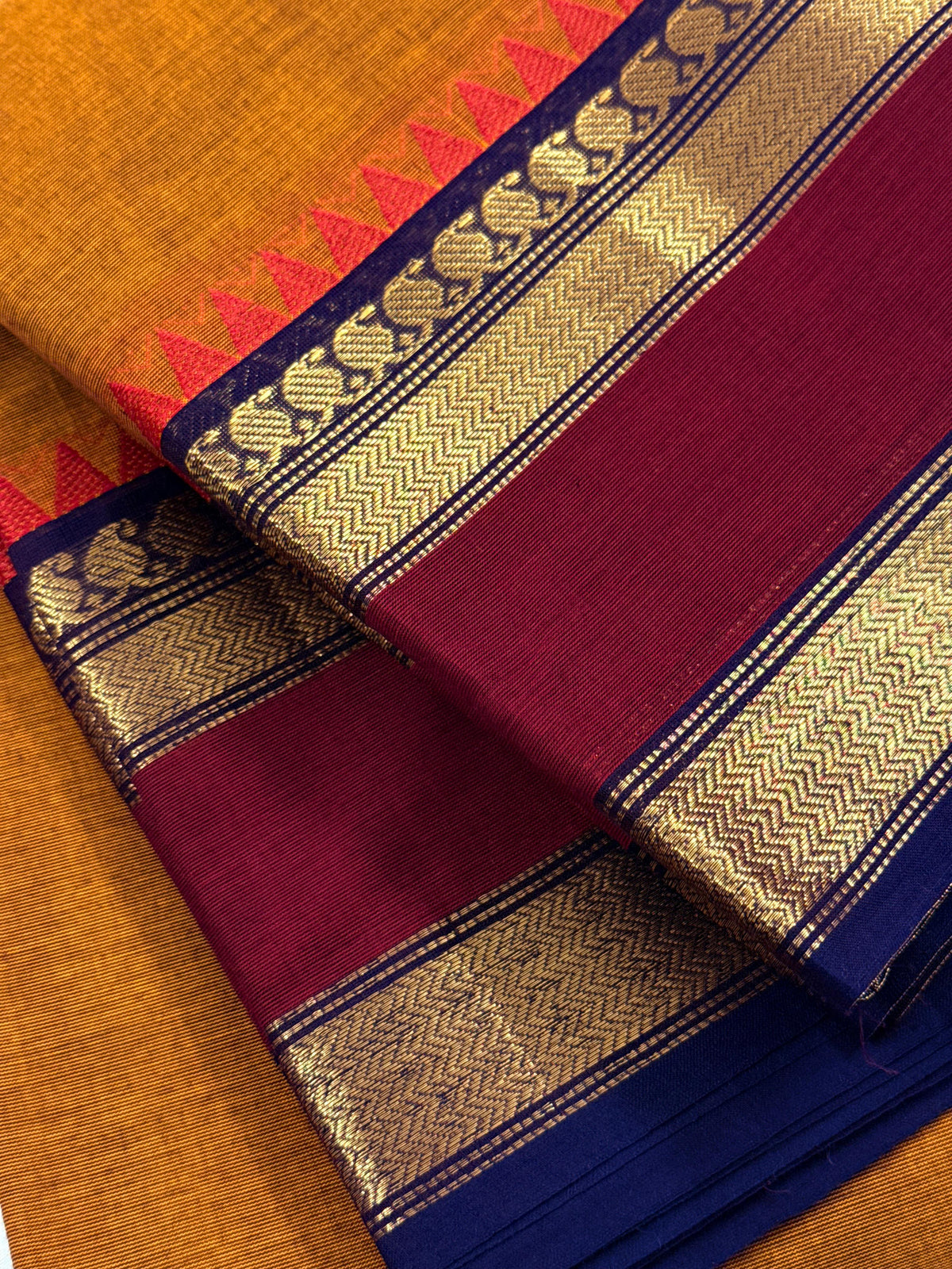 Traditional Kanchi Cotton - Mustard Yellow with Navy Blue, Maroon & Gold Zari - TKCEQ053