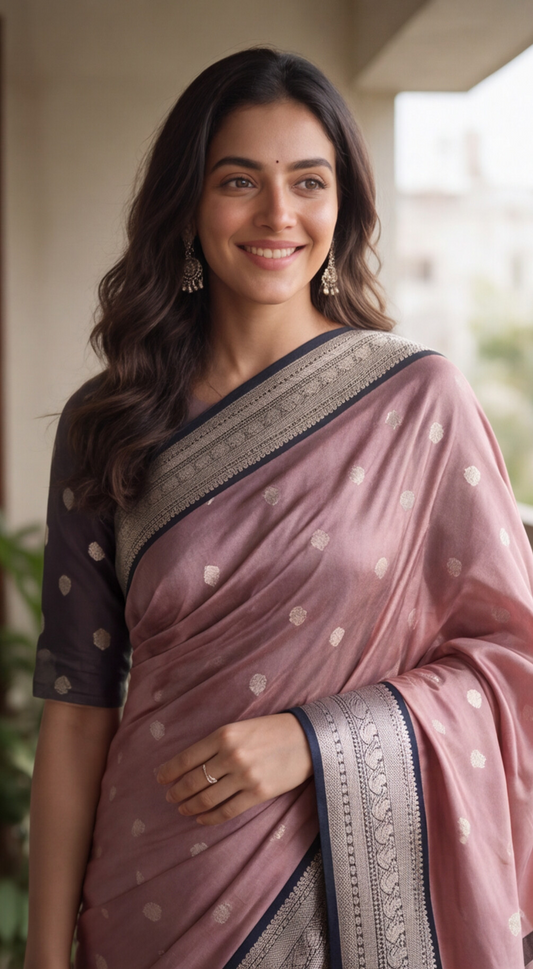 Banarasi Soft Katan Silk Saree - Pink with Black - BKSEQ002