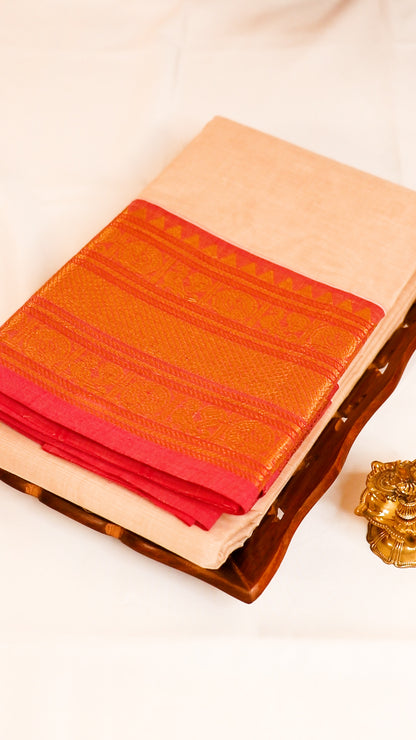 Traditional Kanchi Cotton - Off White with Deep Pink Border - TKCEQ001