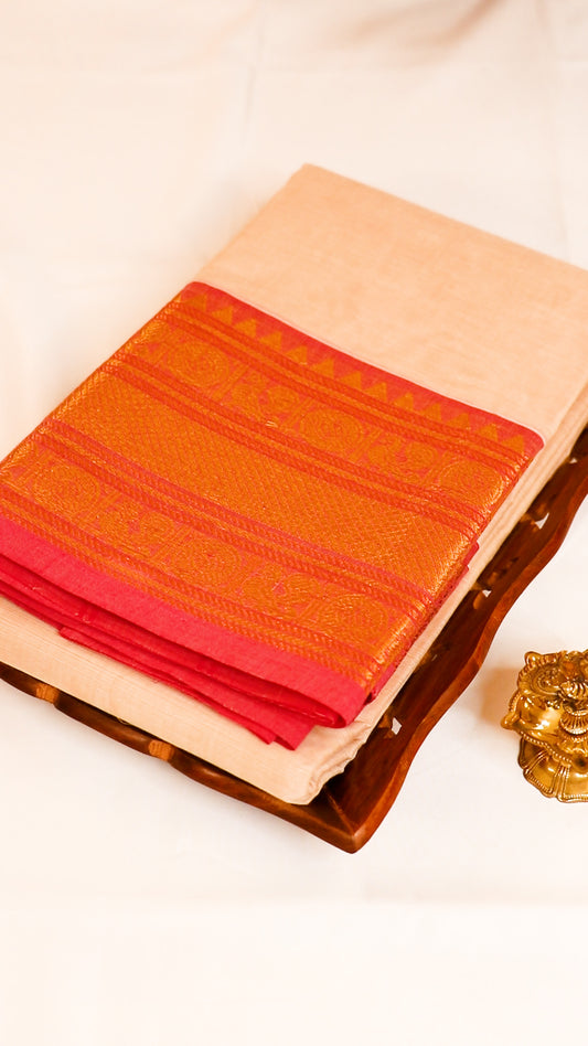 Traditional Kanchi Cotton - Off White with Deep Pink Border - TKCEQ001