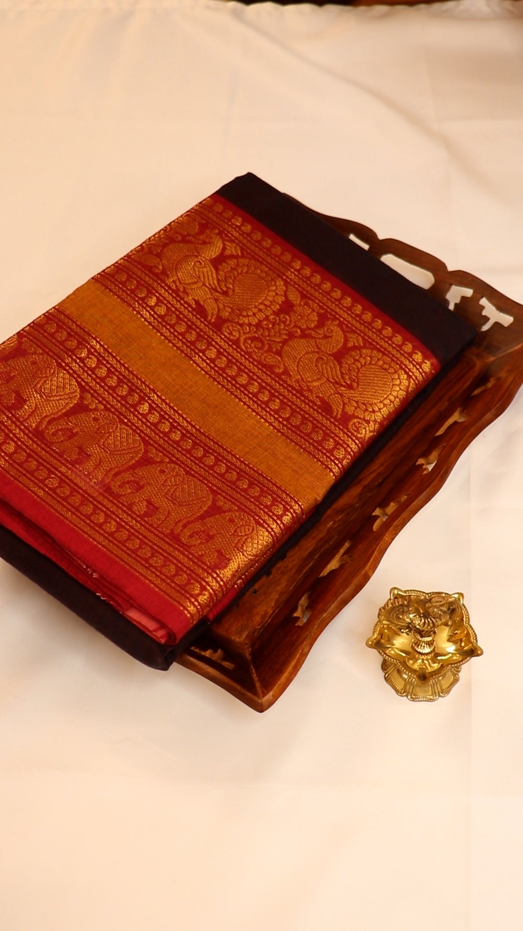 Traditional Kanchi Cotton - Rich Coffee Brown with Festive Red & Gold Zari - TKCEQ014