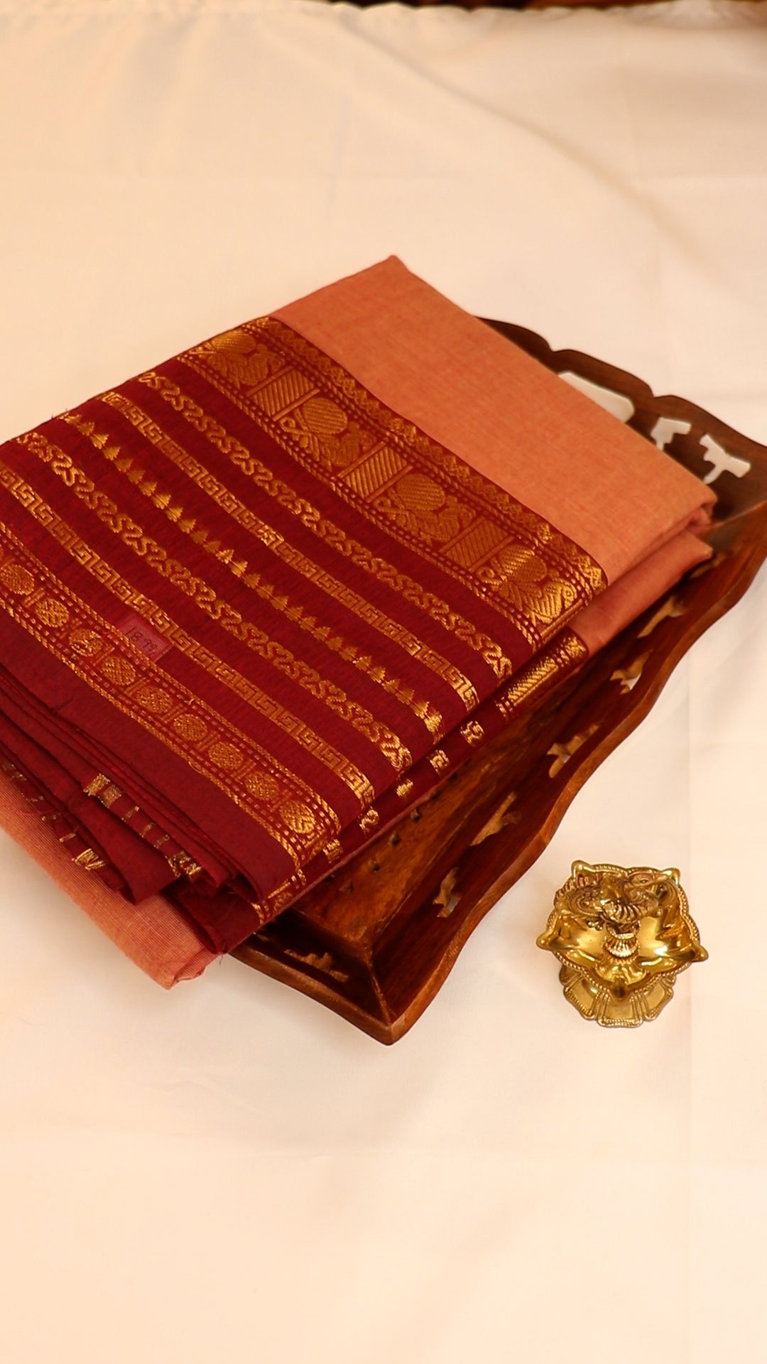 Traditional Kanchi Cotton - Warm Peach with Deep Crimson Pink & Gold Zari - TKCEQ044