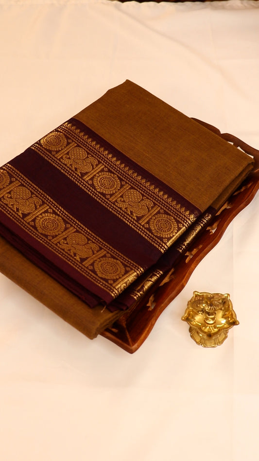 Traditional Kanchi Cotton - Sandalwood Gold with Deep Burgundy & Gold Zari - TKCEQ047