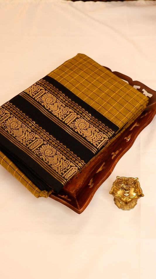 Traditional Kanchi Cotton - Golden Mustard Yellow with Jet Black - TKCEQ008
