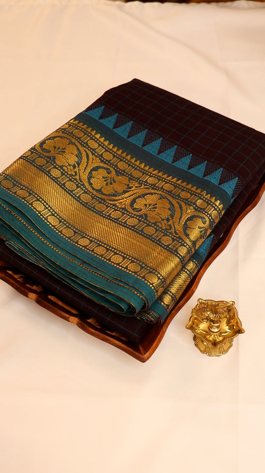Traditional Kanchi Cotton - Checked Coffee Brown with Teal Blue & Gold Zari - TKCEQ013