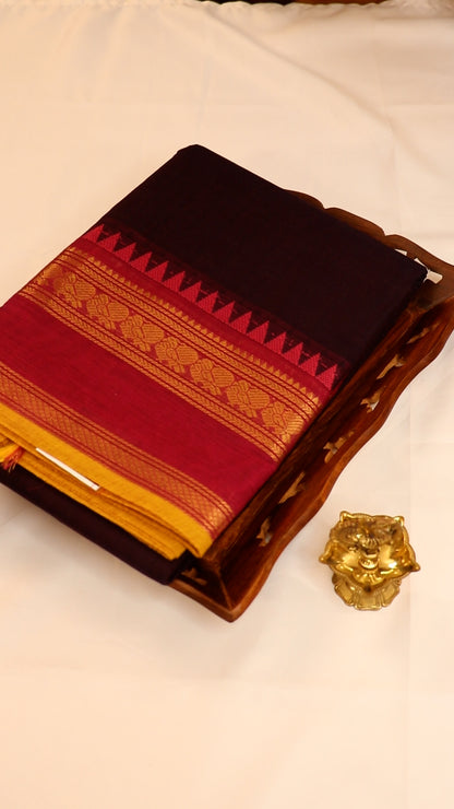 Traditional Kanchi Cotton - Coffee Brown with Bright Pink & Gold Zari Border and Yellow Edge  - TKCEQ035
