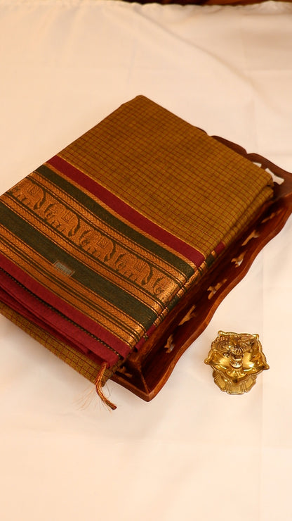 Traditional Kanchi Cotton -  Honey Brown with Olive Green and Rani Pink  - TKCEQ011