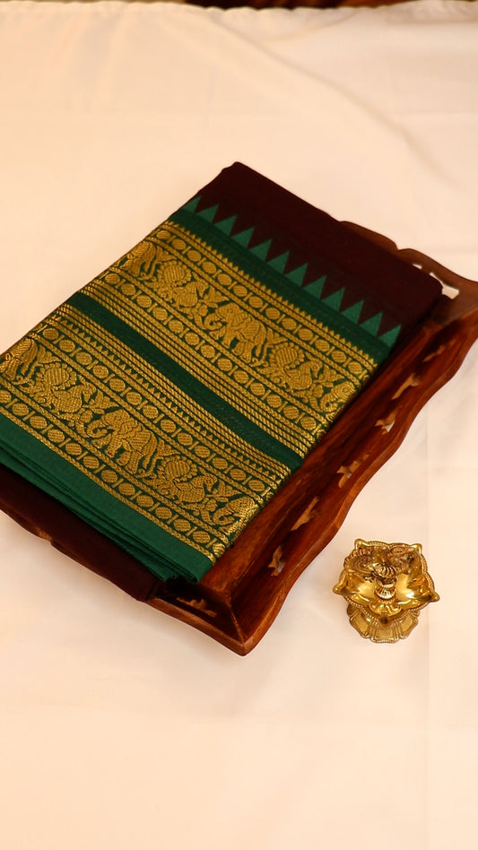 Traditional Kanchi Cotton -  Dark Coffee Brown with Earthy Green  - TKCEQ012