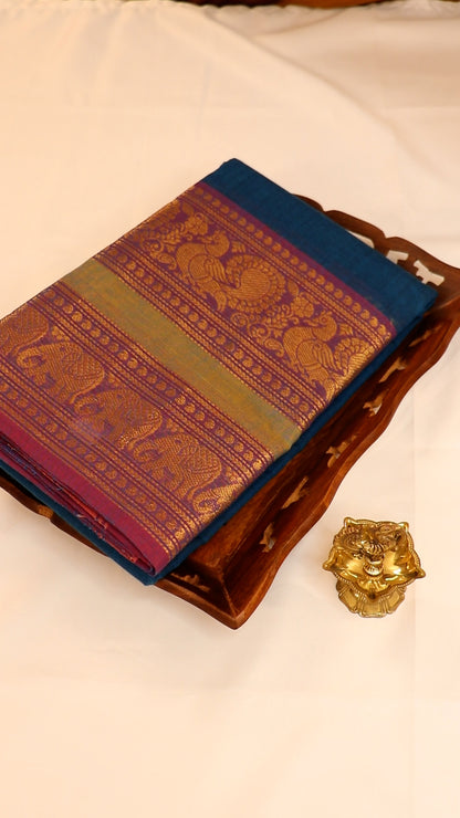 Traditional Kanchi Cotton - Peacock Blue with Lavender - TKCEQ017