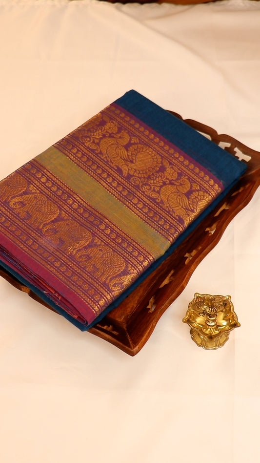 Traditional Kanchi Cotton - Peacock Blue with Lavender - TKCEQ017