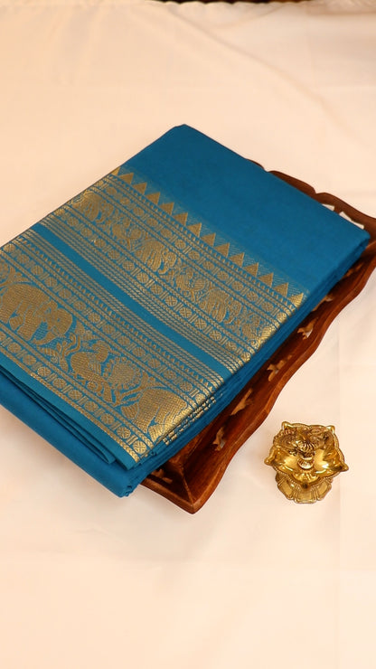 Traditional Kanchi Cotton -  Bright Sky Blue with Gold Zari  - TKCEQ041