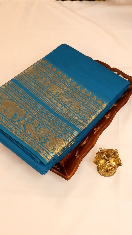 Traditional Kanchi Cotton -  Bright Sky Blue with Gold Zari  - TKCEQ041