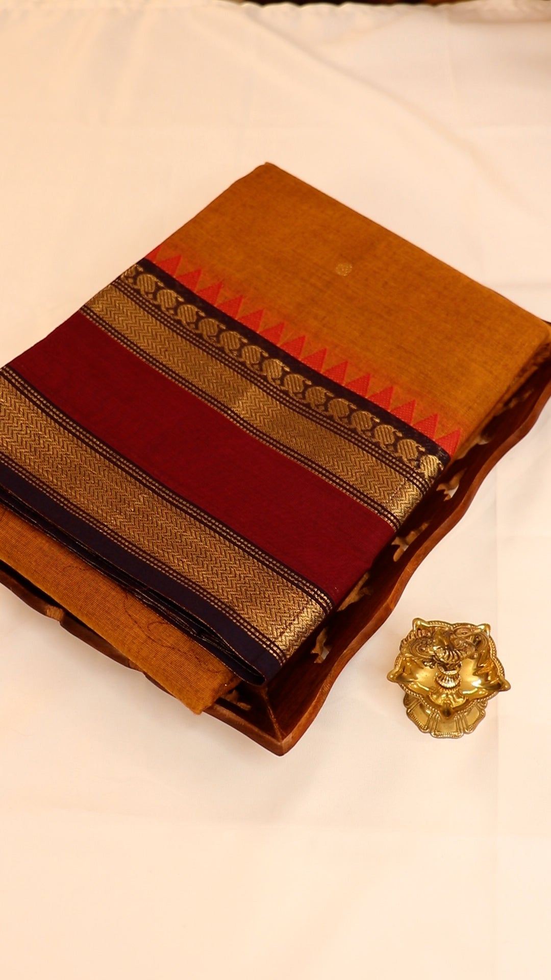 Traditional Kanchi Cotton -  Mustard Yellow with Navy Blue, Maroon & Gold Zari  - TKCEQ053