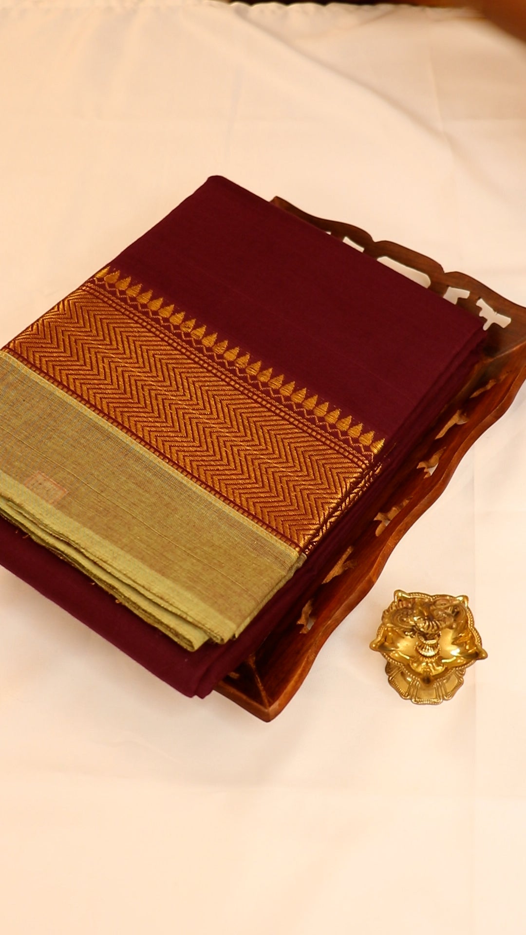 Traditional Kanchi Cotton - Wine with Soft Sage Green & Gold Zari - TKCEQ055