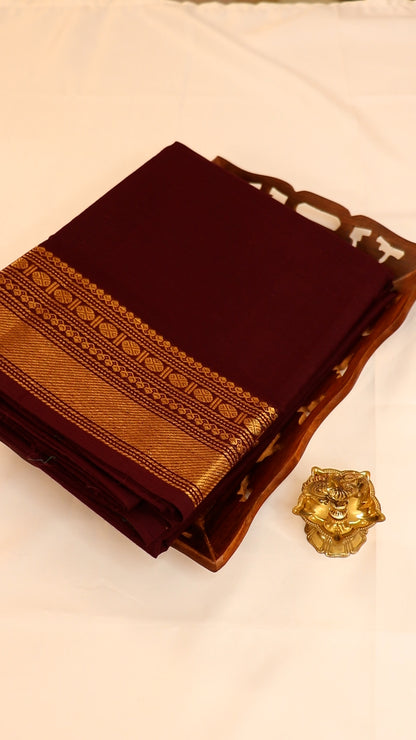 Traditional Kanchi Cotton - Deep Coffee Brown with Gold Zari - TKCEQ056