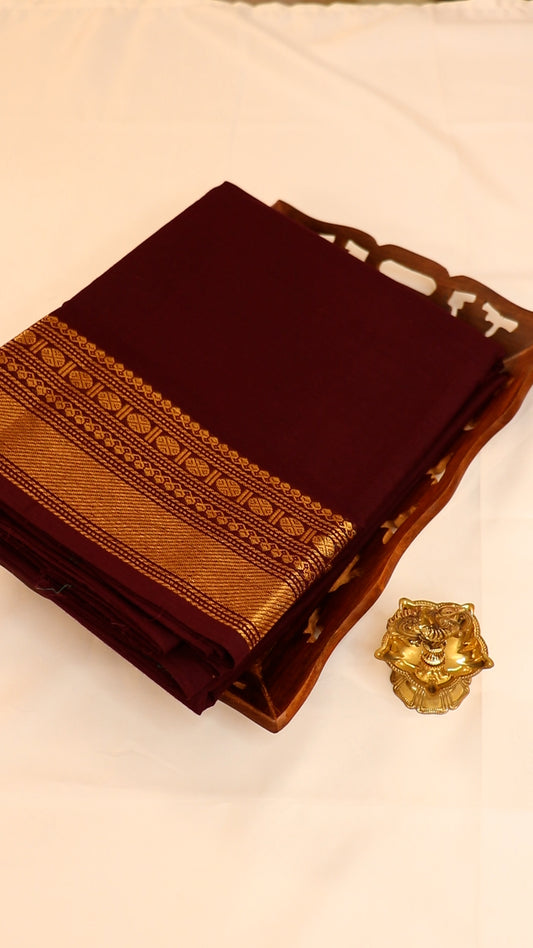 Traditional Kanchi Cotton - Deep Coffee Brown with Gold Zari - TKCEQ056