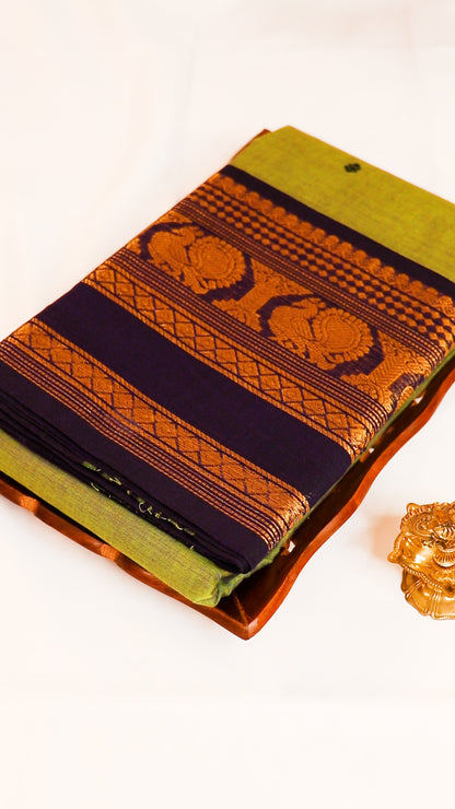Traditional Kanchi Cotton - Olive Green with Royal Navy Blue - TKCEQ016