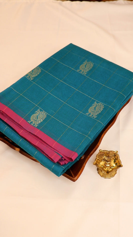 Traditional Kanchi Cotton - Sky Blue with Bright Rani Pink - TKCEQ021