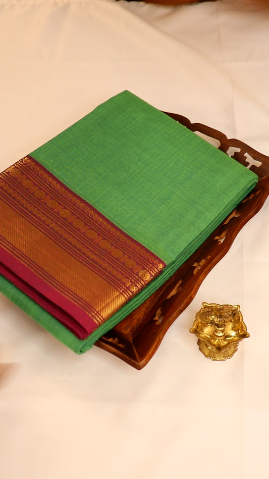 Traditional Kanchi Cotton - Neon Green with Magenta Pink & Gold Zari - TKCEQ042